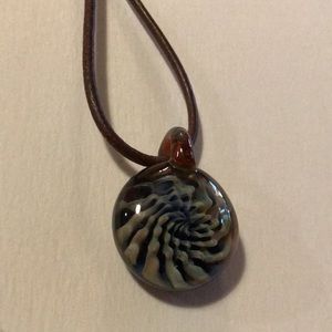 Blue and White Glass necklace on Brown Cord